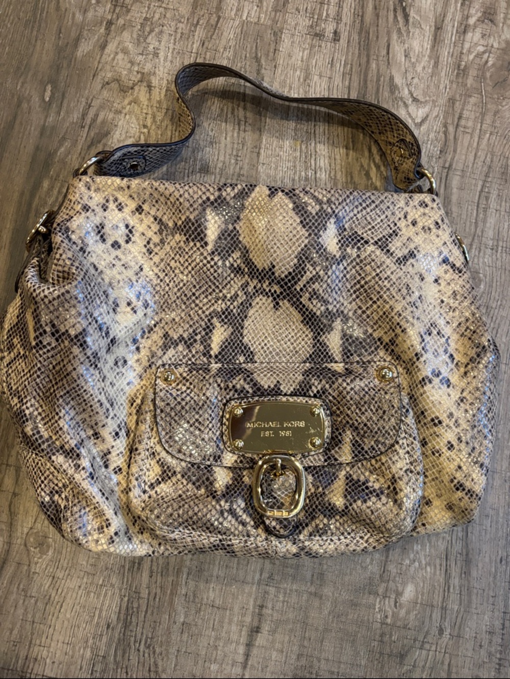 Michael Kors Snake-Print Shoulder Bag in Beige and Brown